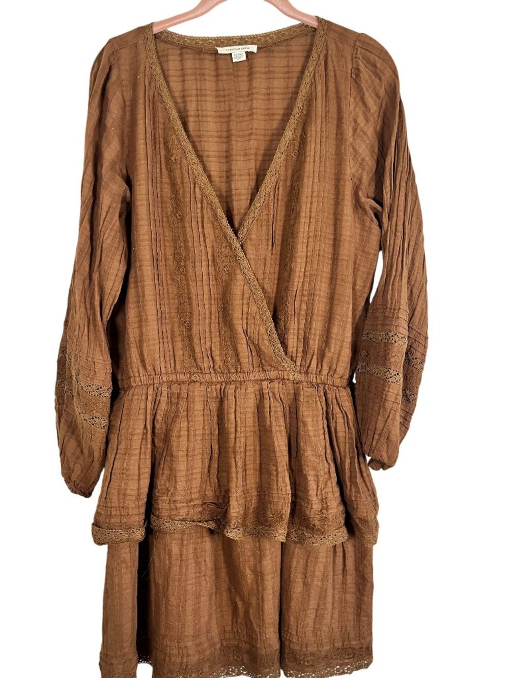 Neutral Floral Lace Wrap Mini Dress Brown XL Boho Indie Festival Crinkle Crochet